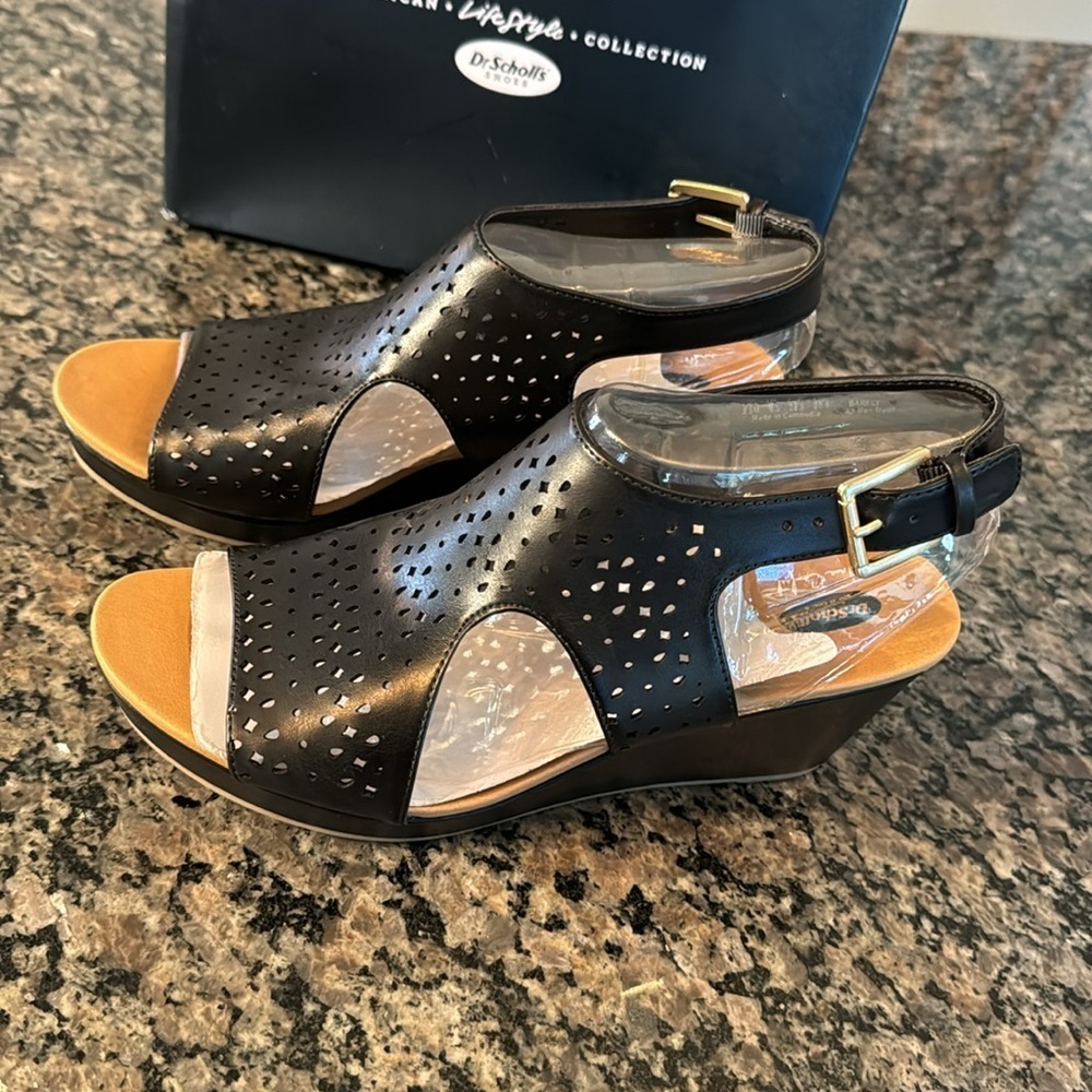 Dr Scholls Barely black peep toe wedge candles NIB 9M - Picture 2 of 9
